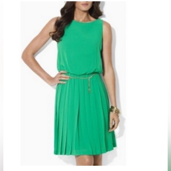 VINTAGE Ralph Lauren Green Pleated Chiffon Dress Size 10 - Picture 2 of 12